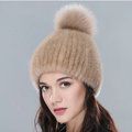 Top Quality Genuine Whole Mink Fur Hats With Fox Fur Ball Women Winter Knitted Beanies - Camel