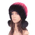 Unique Real Mink Fur Hat With Fox Fur Balls Women Winter Knitted Beanies Dome Caps - Black Red
