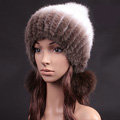 Unique Real Mink Fur Hat With Fox Fur Balls Women Winter Knitted Beanies Dome Caps - Coffee White