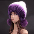 Unique Real Mink Fur Hat With Fox Fur Balls Women Winter Knitted Beanies Dome Caps - Purple White