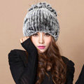 Winter Knitted Beanies Genuine Rex Rabbit Fur Hat With Fox Fur Flower Top Fashion Women Hat - Grey