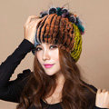Winter Knitted Beanies Genuine Rex Rabbit Fur Hat With Fox Fur Flower Top Women Hat - Colorful