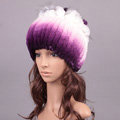 Winter Knitted Beanies Genuine Rex Rabbit Fur Hat With Fox Fur Flower Top Women Hat - Purple