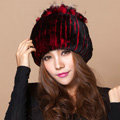 Winter Knitted Beanies Genuine Rex Rabbit Fur Hat With Fox Fur Flower Top Women Hat - Red Black