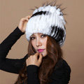 Winter Knitted Beanies Genuine Rex Rabbit Fur Hat With Fox Fur Flower Top Women Hat - White Black