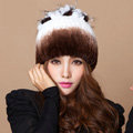 Winter Knitted Beanies Genuine Rex Rabbit Fur Hat With Fox Fur Flower Top Women Hat - White Coffee