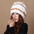 Winter Knitted Beanies Genuine Rex Rabbit Fur Hat With Fox Fur Flower Top Women Hat - White Orange