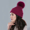 Winter Warm Knitted Beanies Hat With Fox Fur Poms Poms Women Couples Snow Caps - Wine Red