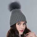 Winter Warm Knitted Beanies Hat With Fox Fur Poms Poms Women Unisex Casual Caps - Grey
