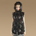 Women Fashion Luxury Genuine Natural Silver Fox Fur Vest With Hooded Long Fur Gilet - Coffee