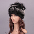 Women Winter Knitted Beanies Genuine Rex Rabbit Fur Hat With Fox Fur Flower Top Hat - Black Grey