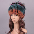 Women Winter Knitted Beanies Genuine Rex Rabbit Fur Hat With Fox Fur Flower Top Hat - Blue Orange