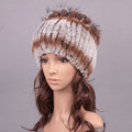 Women Winter Knitted Beanies Genuine Rex Rabbit Fur Hat With Fox Fur Flower Top Hat - Grey Brown