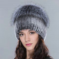 Women Winter Knitted Beanies Genuine Rex Rabbit Fur Hat With Fox Fur Pom Poms Top - Deep Grey