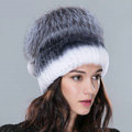 Women Winter Knitted Beanies Genuine Rex Rabbit Fur Hat With Fox Fur Pom Poms Top - White Grey