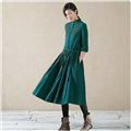Autumn Dresses Mid-Calf Linen Ruffles Original Cotton Ladies Embroidery Slim Flower - Green