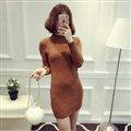 Dresses Women Winter Long Sleeved Pullover Solid Slim Package Hip knitted Midi Office - Brown