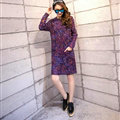 Fashion Winter Dresses Woolen Knee Length O-Neck Stripe Acrylic Full Sleeve Pocket - Purple