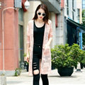 Sweater Solid Pocket Size V-Neck Long Hollow Ladies Knitted Cardigan Coat - Pink