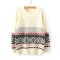 Winter Sweater Cotton Women Round Collar Snow Flower Loose Knitted Pullover - White