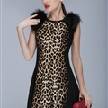 High Quality Dresses Ladies Leopard Print Knee Length Fur Elegant - Black