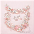 Flower Crystals Beads Pearls Soft Chain Bridal Jewelry Tiaras Necklace Earring Women Wedding Sets 3pcs - Pink