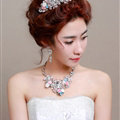Pearl Crystals Beads Ceramic Flower Bridal Tiaras Necklace Earring Women Wedding Jewelry Sets 3pcs - Color