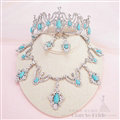 Rhinestone Gem Pendant Bridal Jewelry Tiaras Necklace Earring Women Wedding Sets 3pcs - Blue
