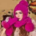 Calssic Twist Knitted Wool Caps Women Winter Warm Long Fur Ball Earmuffs Scarf Hats - Rose