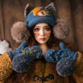Cute Embroidered Squirrel Wool Beanies Caps Winter Warm Cat Ears Knitted Fur Ball Hats - Blue