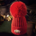 Fashion Women Diamond Elephant Knitted Wool Hats Winter Fox Fur Pom Poms Caps - Red
