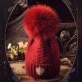Luxury Women Diamond Crown Knitted Wool Hats Winter Large Fox Fur Pom Poms Caps - Deep Red