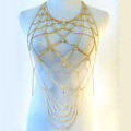 Multilayer Rhinestone Body Chain Punk Dinner Party Long Mesh Necklace Jewelry - Gold