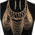 Multilayer Rhinestone Body Chain Punk Dinner Party Long Tassel Necklace Jewelry - Gold