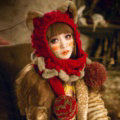 Retro Cat Ears Knitted Wool Caps Hats Women Long Rabbit Fur Ball Bib Hooded Scarf - Red