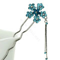 U Shape HairPin Crystal Rhinestone Flower Tassel Hair Comb Clip Fork Stick - Blue