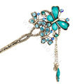Retro Tassel Crystal Rhinestone Butterfly Hairpin Hair Clasp Clip Fork Stick - Blue