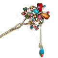Retro Tassel Crystal Rhinestone Butterfly Hairpin Hair Clasp Clip Fork Stick - Multicolor
