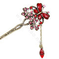 Retro Tassel Crystal Rhinestone Butterfly Hairpin Hair Clasp Clip Fork Stick - Red
