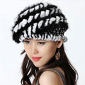 Autumn and Winter Women Knitted Rex Rabbit Mink Fur Beret Hats Warm Caps - Black