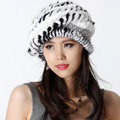 Autumn and Winter Women Knitted Rex Rabbit Mink Fur Beret Hats Warm Caps - White