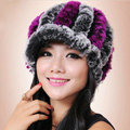 Autumn and winter Women's Knitted Rex Rabbit Fur Hats beret hat Stripe Warm Caps - Black Purple