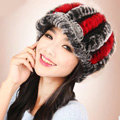 Autumn and winter Women's Knitted Rex Rabbit Fur Hats beret hat Stripe Warm Caps - Black Red