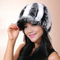 Autumn and winter Women's Knitted Rex Rabbit Fur Hats beret hat Stripe Warm Caps - Black White