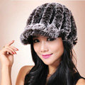 Autumn and winter Women's Knitted Rex Rabbit Fur Hats beret hat Stripe Warm Caps - Brown