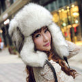 Fox fur leifeng hat for man women winter thermal windproof Ear protector Caps - White black tip