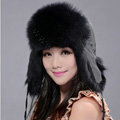 Fox fur leifeng hat for women man thermal winter windproof Ear protector Caps - Black