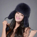 Fox fur leifeng hat for women man thermal winter windproof Ear protector Caps - Dark blue