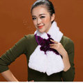 Women Fashion Knitted Rex Rabbit Fur Scarves Flower Winter Warm Scarf Wraps - White Purple
