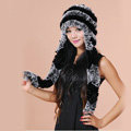 Women Knitted Rex Rabbit Fur Hats Thicker Winter Ear protector Scarf Warm Caps - Black Grey